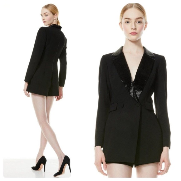 ALICE + OLIVIA Kyrie Beaded Collar Tuxedo Romper - Picture 8 of 11